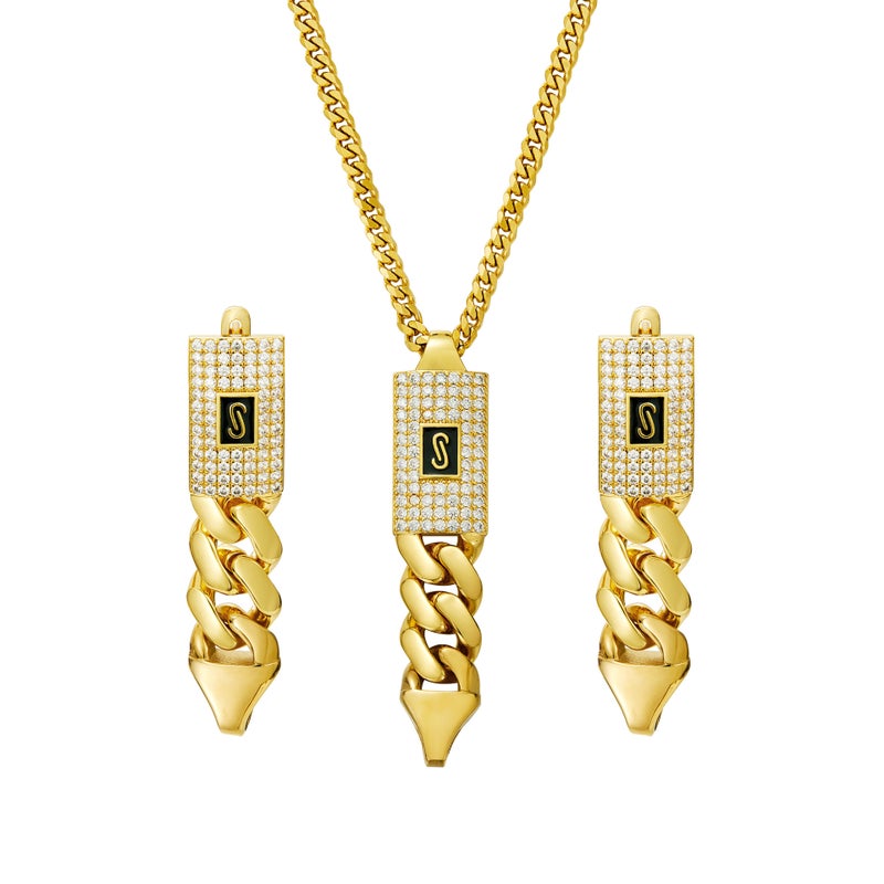 Generic Ladies Stainless Steel Cuban Pendant Earrings Set Pendant Necklace 