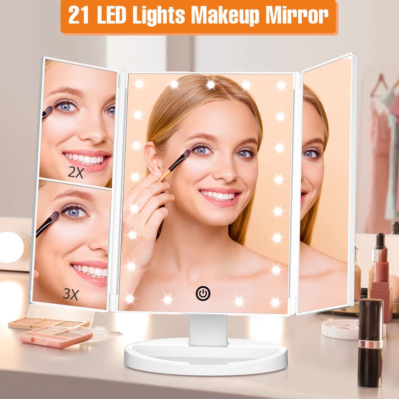 FASCINATE Trifold Vanity Mirror with Lights, Lighted Makeup Mirror 2X/3X Magnification, 21 LED Touch Dimming, Dual Power 180Â° Rotation Lit Beauty Table Mirror, Make up Mirror with Lighting - Image 2