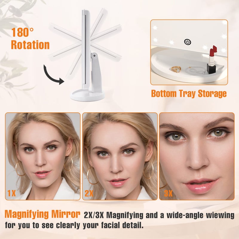 FASCINATE Trifold Vanity Mirror with Lights, Lighted Makeup Mirror 2X/3X Magnification, 21 LED Touch Dimming, Dual Power 180Â° Rotation Lit Beauty Table Mirror, Make up Mirror with Lighting - Image 3