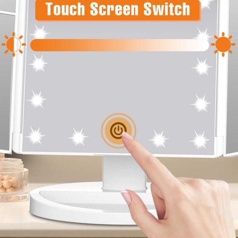 FASCINATE Trifold Vanity Mirror with Lights, Lighted Makeup Mirror 2X/3X Magnification, 21 LED Touch Dimming, Dual Power 180Â° Rotation Lit Beauty Table Mirror, Make up Mirror with Lighting - Image 4