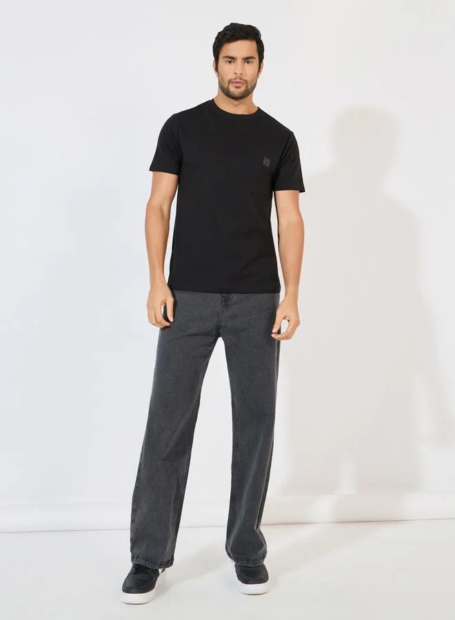 Styli Crew Neck Regular Fit T-Shirt with Silicon Badge