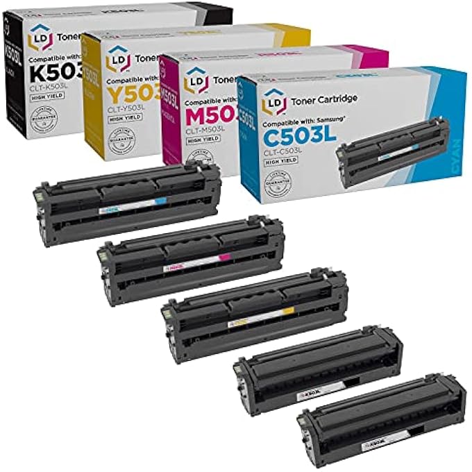 COMPATIBLE TONER CARTRIDGE REPLACEMENT FOR SAMSUNG CLT-503 HIGH YIELD (2 BLACK, 1 CYAN, 1 MAGENTA, 1 YELLOW, 5 CARTRIDGE PACK) COMPATIBLE W SAMSUNG XPRESS SL-C3010ND SL-C3060FR SL-C3060ND - Image 1