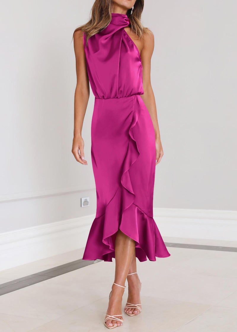 KIRUNDO Women 2026 Spring Summer Satin Mock Neck Wedding Guest Party Cocktail Midi Dress Sleeveless Wrap Ruffle Formal Dress(Rose Red, Medium) - Image 2