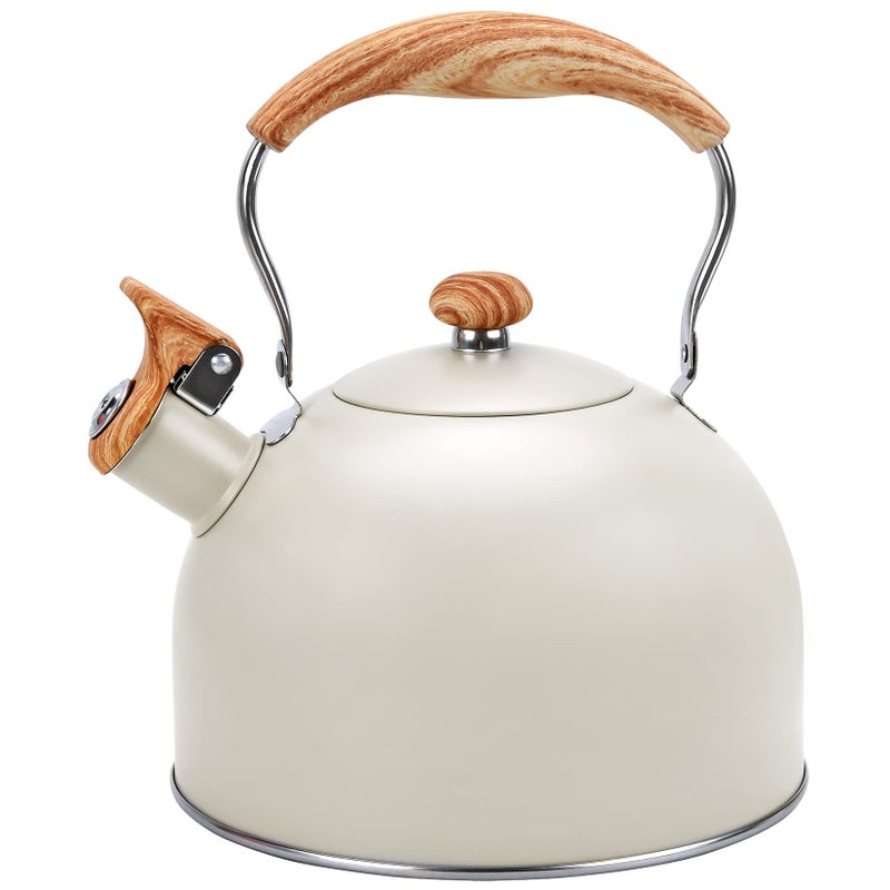 Foedo Tea Kettle Stovetop, 2.6Qt Whistling Tea Pots for Stove Top, Heat-resistant Folding Handleï¼ŒCute Teapot(Beige) - Image 1