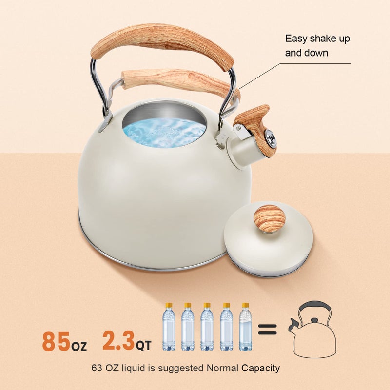 Foedo Tea Kettle Stovetop, 2.6Qt Whistling Tea Pots for Stove Top, Heat-resistant Folding Handleï¼ŒCute Teapot(Beige) - Image 3