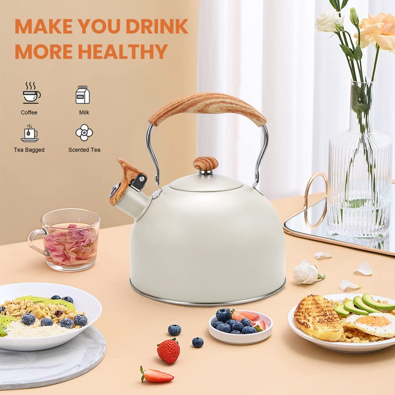 Foedo Tea Kettle Stovetop, 2.6Qt Whistling Tea Pots for Stove Top, Heat-resistant Folding Handleï¼ŒCute Teapot(Beige) - Image 4