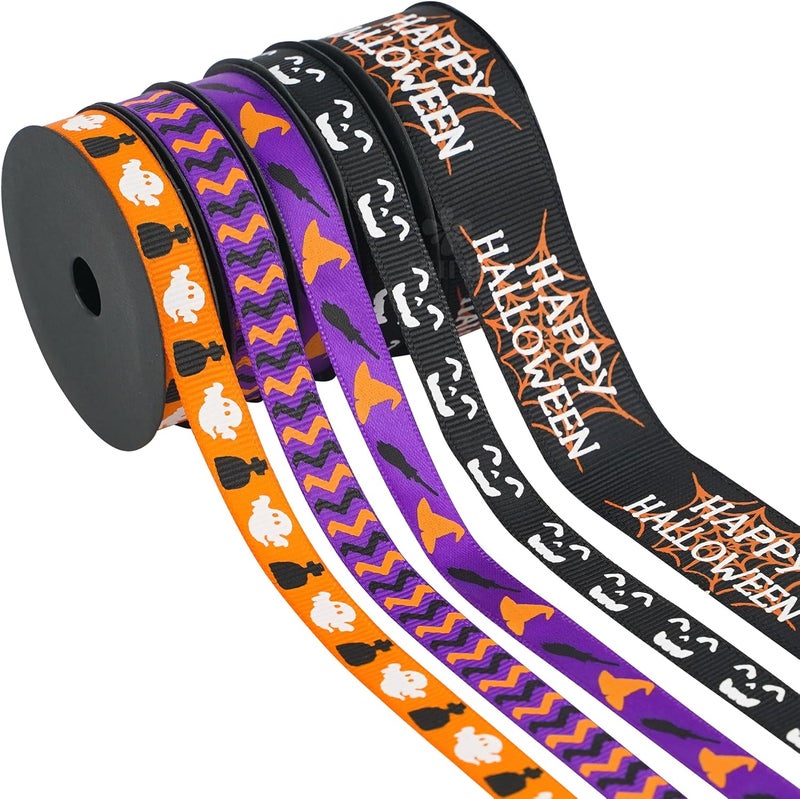 Meedee 3/8 inch 1 inch Halloween Ribbon Set Spooky October Ribbon Assortment 5 Rolls 10 Yards Halloween Crafts, Fall Gift Wrap, Party Decorations, Autumn Wreaths, Trim Bundle, Wreath Bow Supplies - Image 1