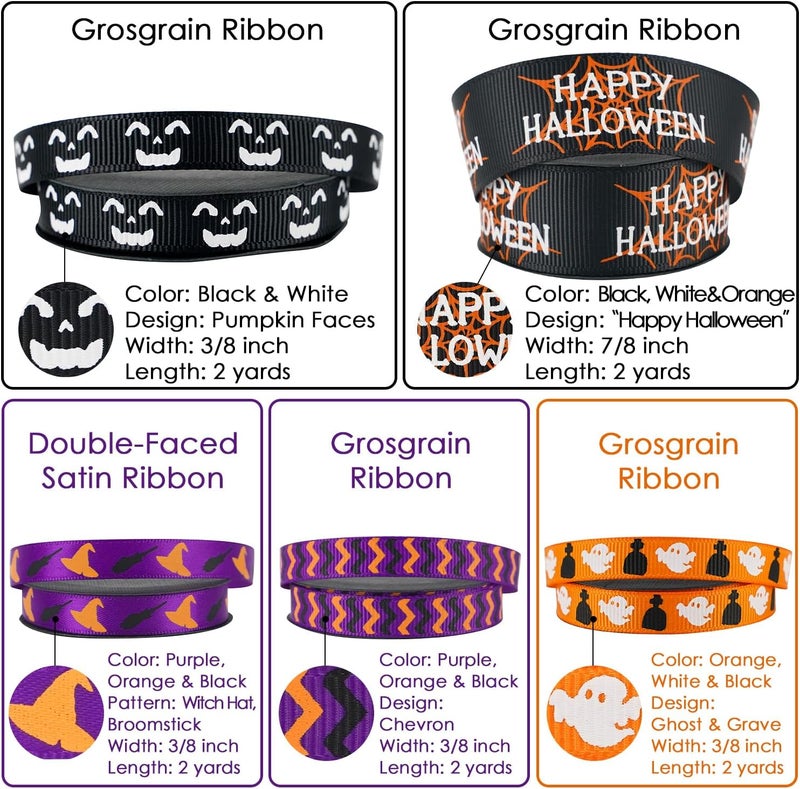 Meedee 3/8 inch 1 inch Halloween Ribbon Set Spooky October Ribbon Assortment 5 Rolls 10 Yards Halloween Crafts, Fall Gift Wrap, Party Decorations, Autumn Wreaths, Trim Bundle, Wreath Bow Supplies - Image 3