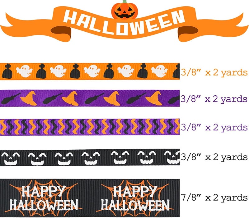 Meedee 3/8 inch 1 inch Halloween Ribbon Set Spooky October Ribbon Assortment 5 Rolls 10 Yards Halloween Crafts, Fall Gift Wrap, Party Decorations, Autumn Wreaths, Trim Bundle, Wreath Bow Supplies - Image 2