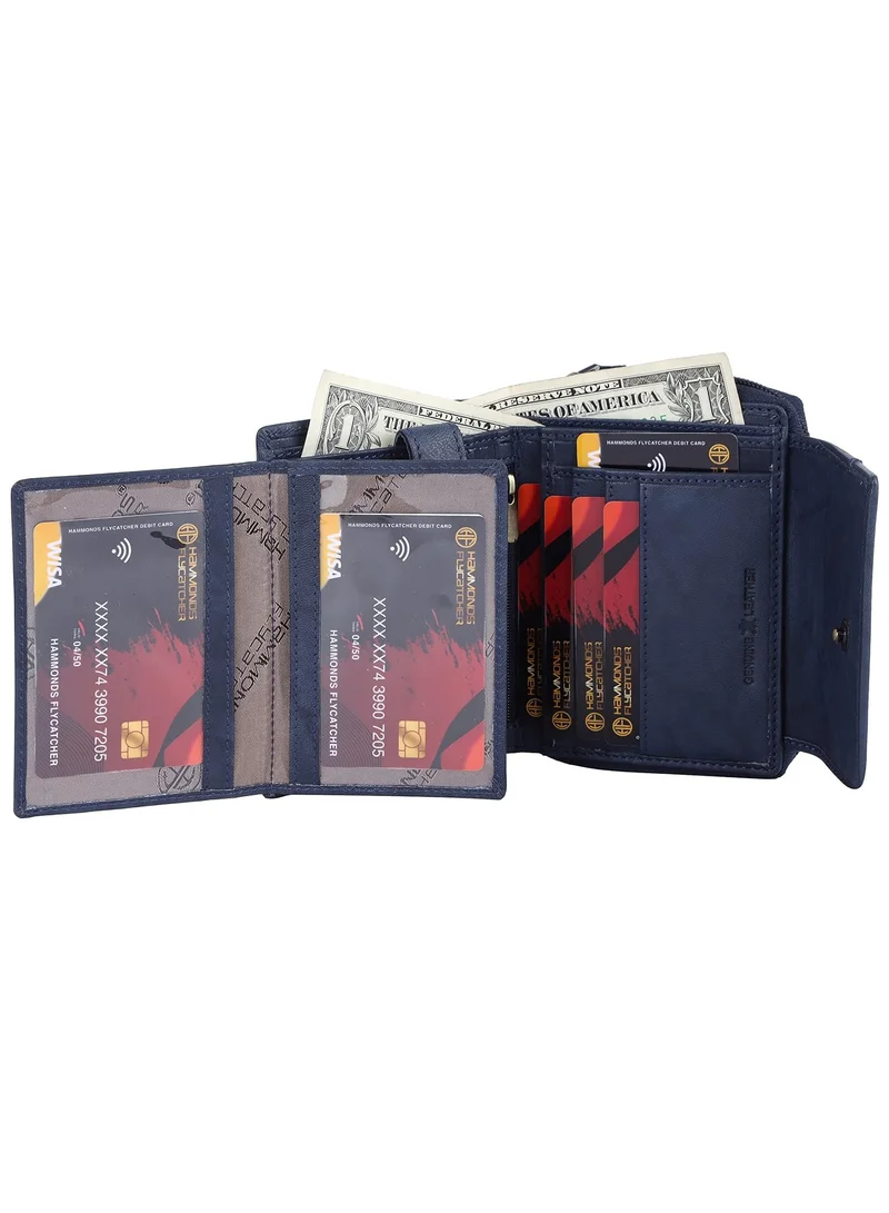 HAMMONDS FLYCATCHER Wallet for Women - Genuine Leather Ladies Wallet - Antique Blue - 14 Card Slots - RFID Protection - 3 ID Card Slots - Women's Wallet - Button Closure - Daily Use, Money Purse | 31XP