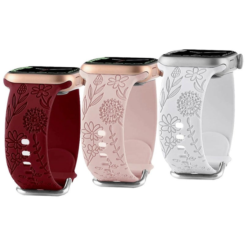 Funito أشرطة مزخرفة زهرية من فنito 3 عبوات متوافقة مع ساعة آبل 38 مم 40 مم 41 مم للنساء، حزام رياضي ليزر لطيف من السيليكون الناعم مع زهور برية لساعة آبل الترا SE 8 6 5 4 3 2 1 - Image 1