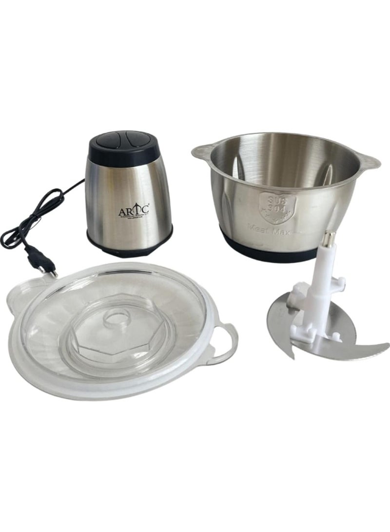 ARTC مطحنة لحم كهربائية، وعاء من الفولاذ المقاوم للصدأ سعة 2 لتر، محضر طعام وقطاعة خضار مع 4 شفرات للتقطيع، والفرم، والهرس 250 واط - Image 2