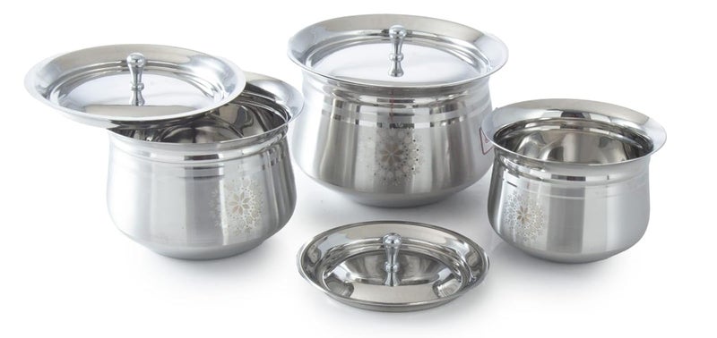 Expresso Stainless Steel Bottom 3 Pc HandiCookwareServing Pot Set with Lid Serving Pot Set for Kitchen 650ML 1000ML 1400ML Silver Tomoto Pot
