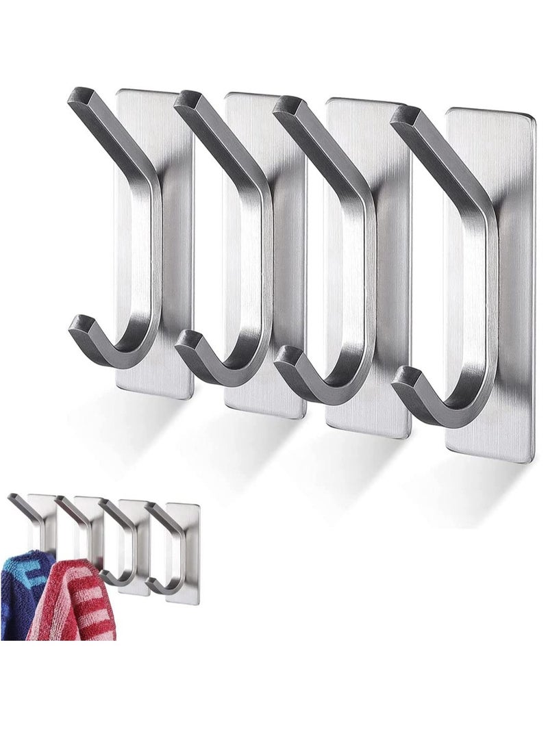 4 Pack Self Adhesive Hooks Brushed Stainless Steel Adhesive Door Hooks Heavy Duty Wall Hooks for Hanging Towels Robes Coats Keys Calendars Bathroom Home Kitchen - Image 1