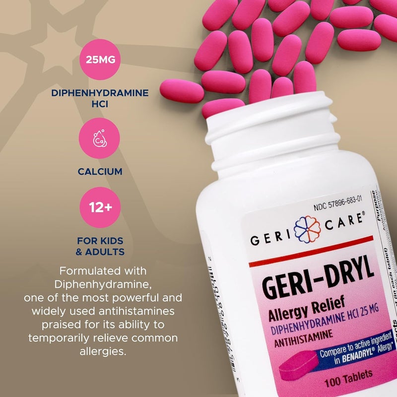GeriCare GeriDryl Allergy Relief Tablets 100 Count by GeriCare Diphenhydramine HCI 25mg Antihistamine Tablets for Sneezing Runny Nose Itchy Throats  Eyes AntiAllergy Medicine for Adults  Kids - Image 3