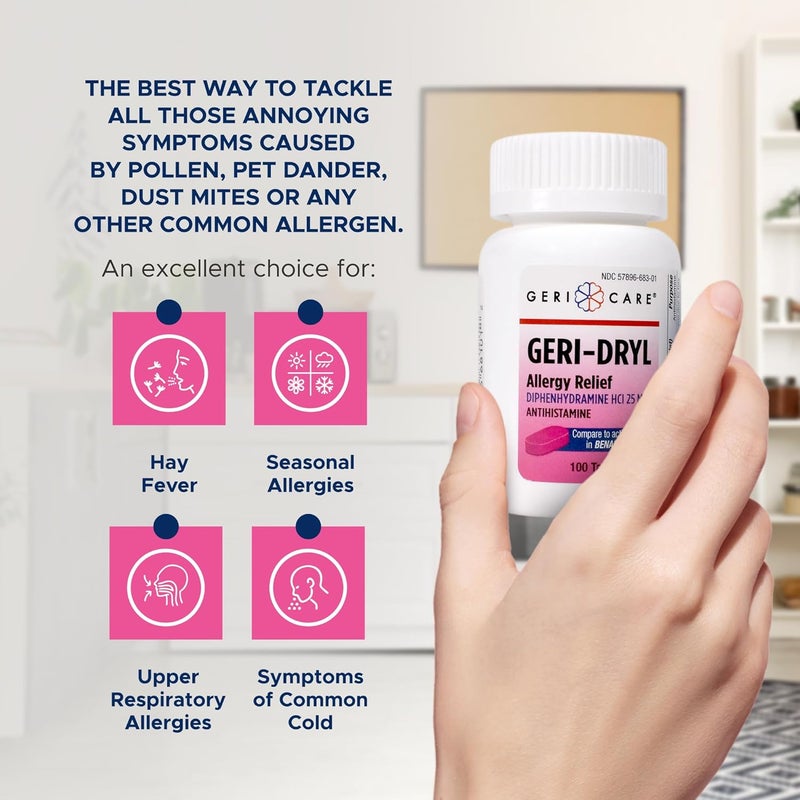 GeriCare GeriDryl Allergy Relief Tablets 100 Count by GeriCare Diphenhydramine HCI 25mg Antihistamine Tablets for Sneezing Runny Nose Itchy Throats  Eyes AntiAllergy Medicine for Adults  Kids - Image 4