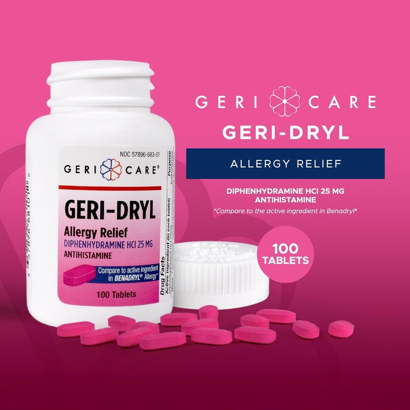 GeriCare GeriDryl Allergy Relief Tablets 100 Count by GeriCare Diphenhydramine HCI 25mg Antihistamine Tablets for Sneezing Runny Nose Itchy Throats  Eyes AntiAllergy Medicine for Adults  Kids - Image 2