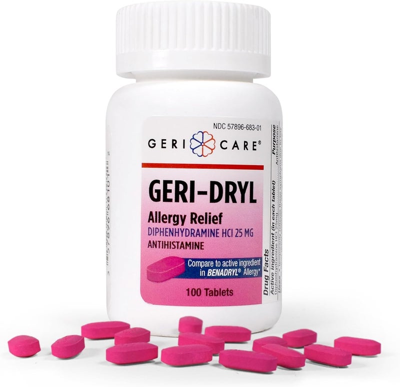GeriCare GeriDryl Allergy Relief Tablets 100 Count by GeriCare Diphenhydramine HCI 25mg Antihistamine Tablets for Sneezing Runny Nose Itchy Throats  Eyes AntiAllergy Medicine for Adults  Kids - Image 1