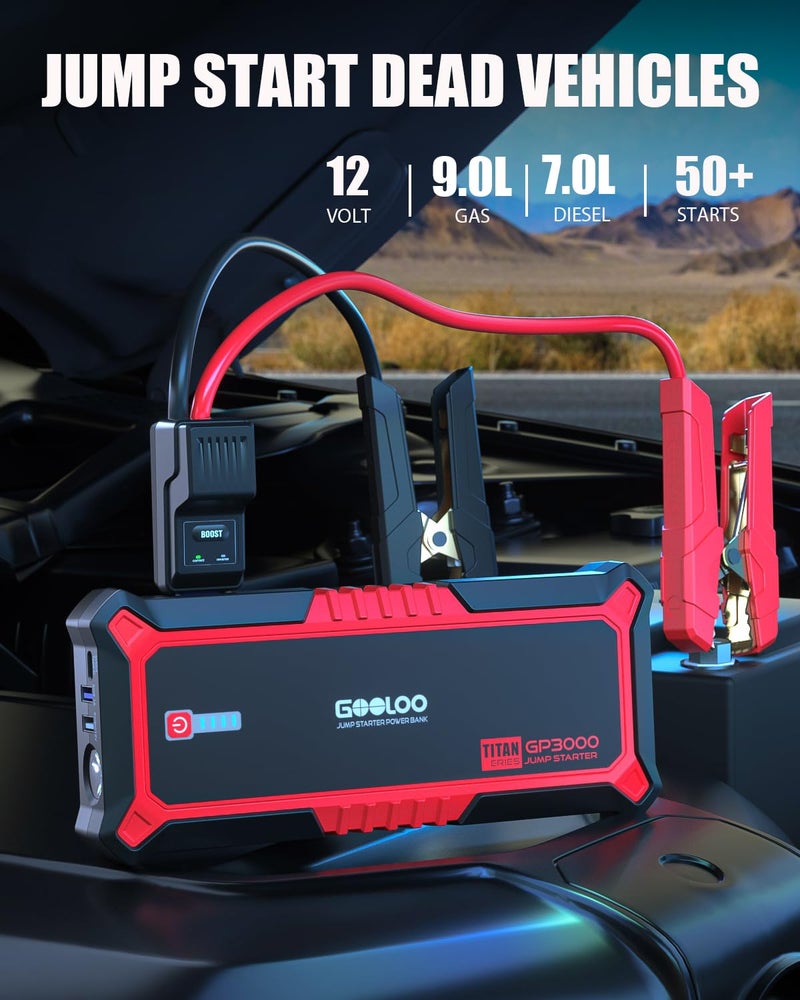 GOOLOO Upgraded GP3000 Jump Starter 3000A Peak Car Starter (Up to 9L Gas or 7L Diesel Engine) 12V Jump Box Auto Lithium Battery Booster SuperSafe Portable Power Pack with USB Quick Charge, Type-C Port - Image 2