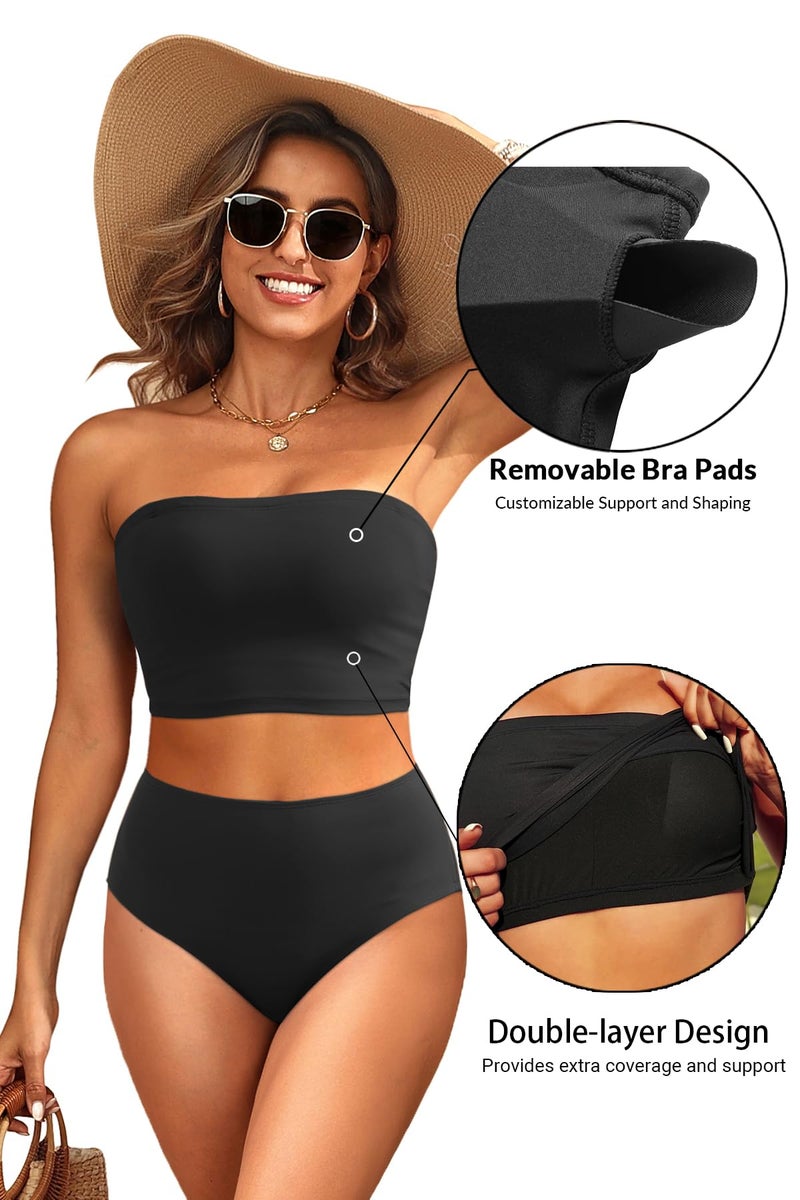 Tempt Me Women Black Bandeau Bikini Set Strapless High Waisted Two Piece Swimsuit Longline Bathing Suits M - Image 3