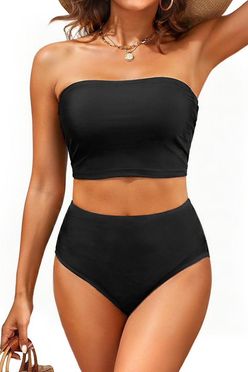 Tempt Me Women Black Bandeau Bikini Set Strapless High Waisted Two Piece Swimsuit Longline Bathing Suits M - Image 1