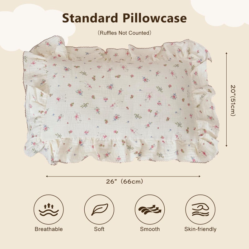 Bulutu 100% Cotton Standard Pillow Case For Kids  1 Pc  20""X26""  Pink Floral Sheep Design Pillow Cover Muslin Gauze Pillow Protector For Children Girls Boys Bedding Gift  Envelope Closure - Image 2