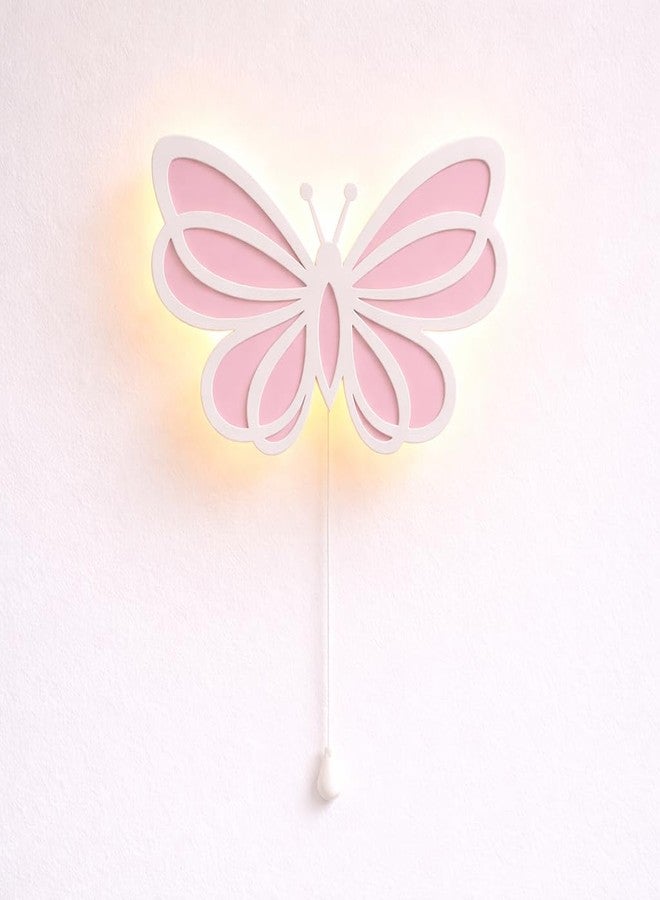 LET'S DIY Butterfly Wings Wall Night Lamp for Kids Room | Baby Pink & White MDF Wooden Wall Light | Warm White Back Glow | Pull Rope Switch | 15 x 15 Inch - Image 1