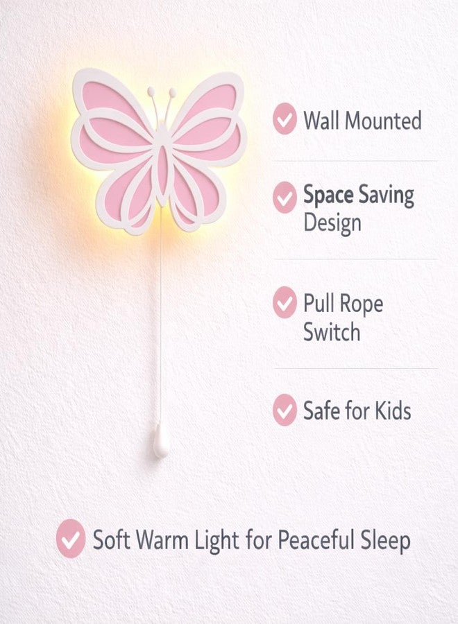 LET'S DIY Butterfly Wings Wall Night Lamp for Kids Room | Baby Pink & White MDF Wooden Wall Light | Warm White Back Glow | Pull Rope Switch | 15 x 15 Inch - Image 3