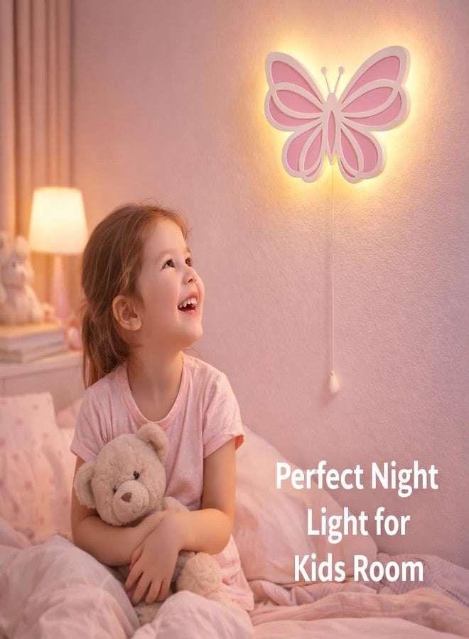 LET'S DIY Butterfly Wings Wall Night Lamp for Kids Room | Baby Pink & White MDF Wooden Wall Light | Warm White Back Glow | Pull Rope Switch | 15 x 15 Inch - Image 2