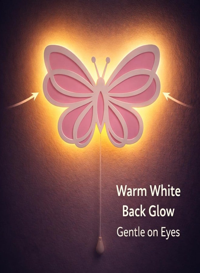 LET'S DIY Butterfly Wings Wall Night Lamp for Kids Room | Baby Pink & White MDF Wooden Wall Light | Warm White Back Glow | Pull Rope Switch | 15 x 15 Inch - Image 4