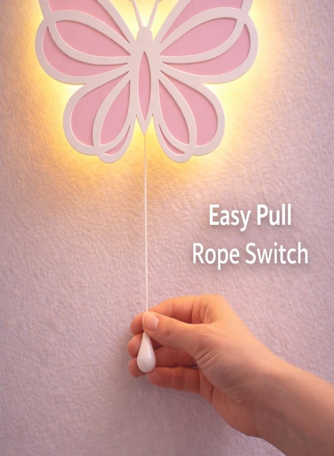 LET'S DIY Butterfly Wings Wall Night Lamp for Kids Room | Baby Pink & White MDF Wooden Wall Light | Warm White Back Glow | Pull Rope Switch | 15 x 15 Inch - Image 5