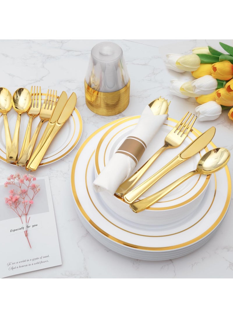 أسيف طقم أدوات الطعام البلاستيكية اللامعة الذهبية المكون من 175 قطعة لـ 25 ضيفًا، صحون فاخرة ذات استخدام لمرة واحدة للحفلات - Image 5