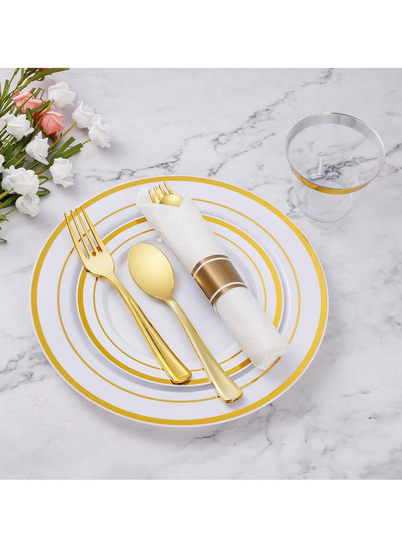 أسيف طقم أدوات الطعام البلاستيكية اللامعة الذهبية المكون من 175 قطعة لـ 25 ضيفًا، صحون فاخرة ذات استخدام لمرة واحدة للحفلات - Image 2