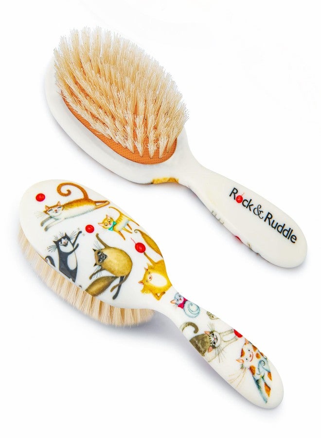 Rock & Ruddle Soft White Natural Boar Bristle Hairbrush for Babies and Young Children | Perfect for Fine Hair Detangling and Smoothing - Cute Cats - Image 1