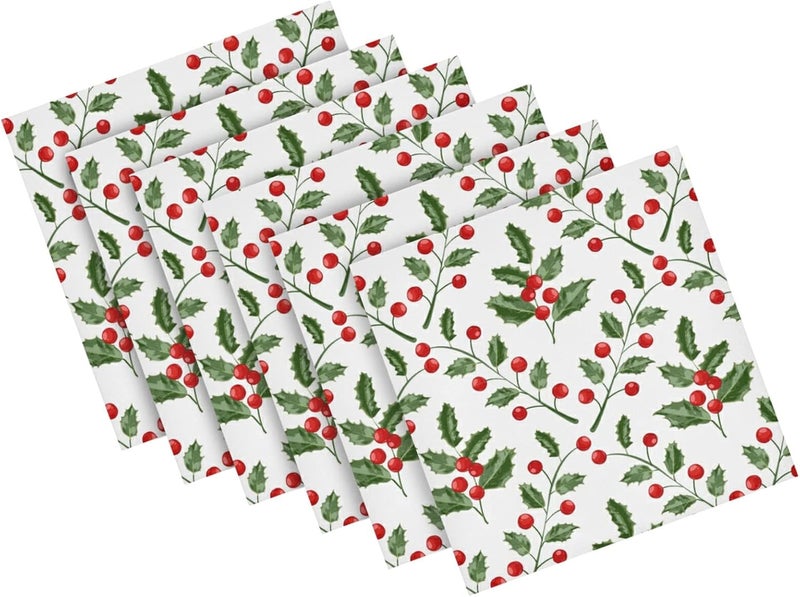 ZzWwR Vintage Holly Red Berry Christmas Cloth Napkins Set of 6 20 x 20 Inch Soft  Comfortable Polyester Dinner Napkins for Family House Restaurant Weddings Parties Floral - Image 1