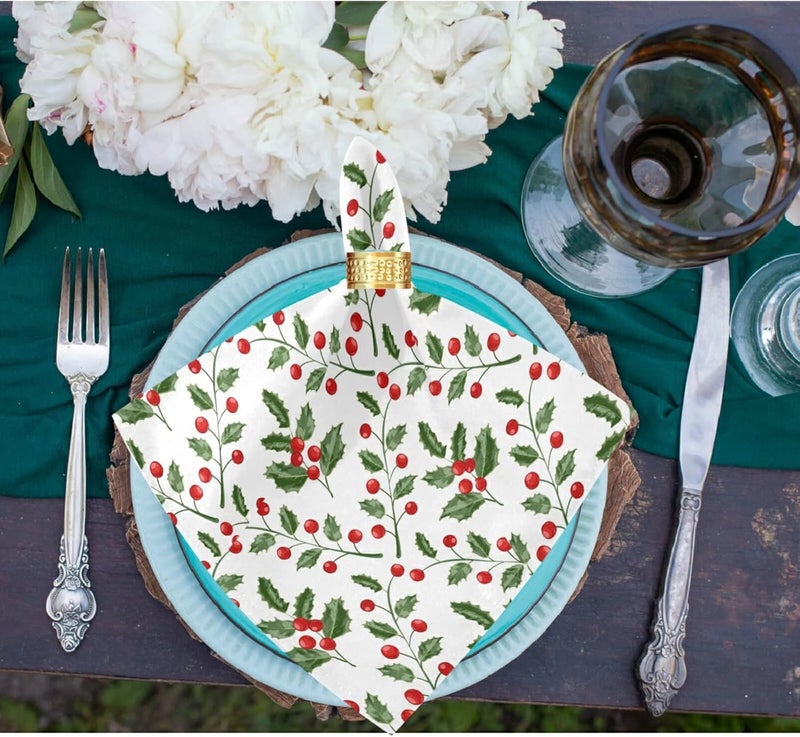 ZzWwR Vintage Holly Red Berry Christmas Cloth Napkins Set of 6 20 x 20 Inch Soft  Comfortable Polyester Dinner Napkins for Family House Restaurant Weddings Parties Floral - Image 5
