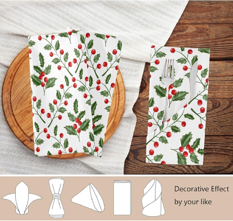 ZzWwR Vintage Holly Red Berry Christmas Cloth Napkins Set of 6 20 x 20 Inch Soft  Comfortable Polyester Dinner Napkins for Family House Restaurant Weddings Parties Floral - Image 4