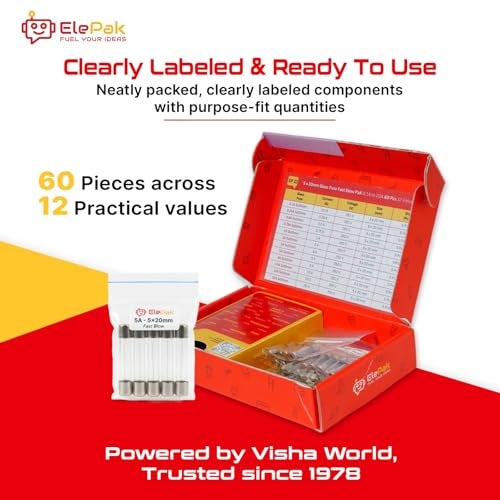 ElePak 5x20mm Glass Tube - Fuse Fast Blow - (60 Pcs) 0.1A to 20 A - 250V AC - Fast Acting Glass Cartridge Fuse for Extension Board & Plug Tops, Power Supply - DIY Safety Projects – Easy to Replace - Image 2
