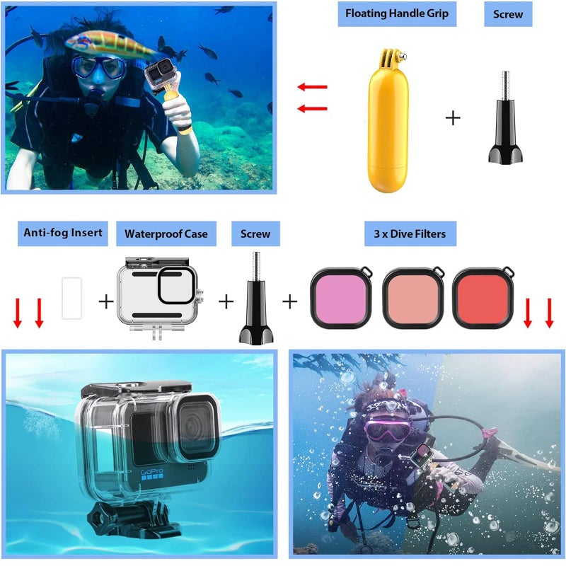 Hongdak مجموعة ملحقات كاميرا HONGDAK لجهاز GoPro Hero 13 12 11 10 9 بلاك، غلاف مقاوم للماء + غلاف سيليكون + ذراع قابلة للتعديل + حزام رأس وصدر ومعصم + حامل دراجة + كوب شفط + مجموعة قبضة عائمة 63 في 1 - Image 3