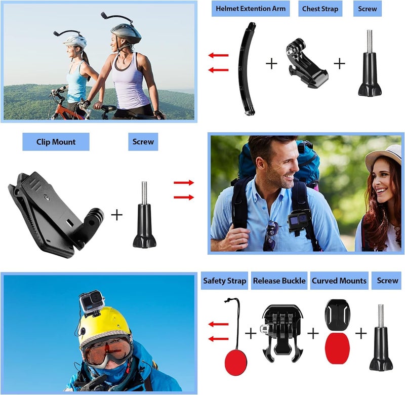 Hongdak مجموعة ملحقات كاميرا HONGDAK لجهاز GoPro Hero 13 12 11 10 9 بلاك، غلاف مقاوم للماء + غلاف سيليكون + ذراع قابلة للتعديل + حزام رأس وصدر ومعصم + حامل دراجة + كوب شفط + مجموعة قبضة عائمة 63 في 1 - Image 5