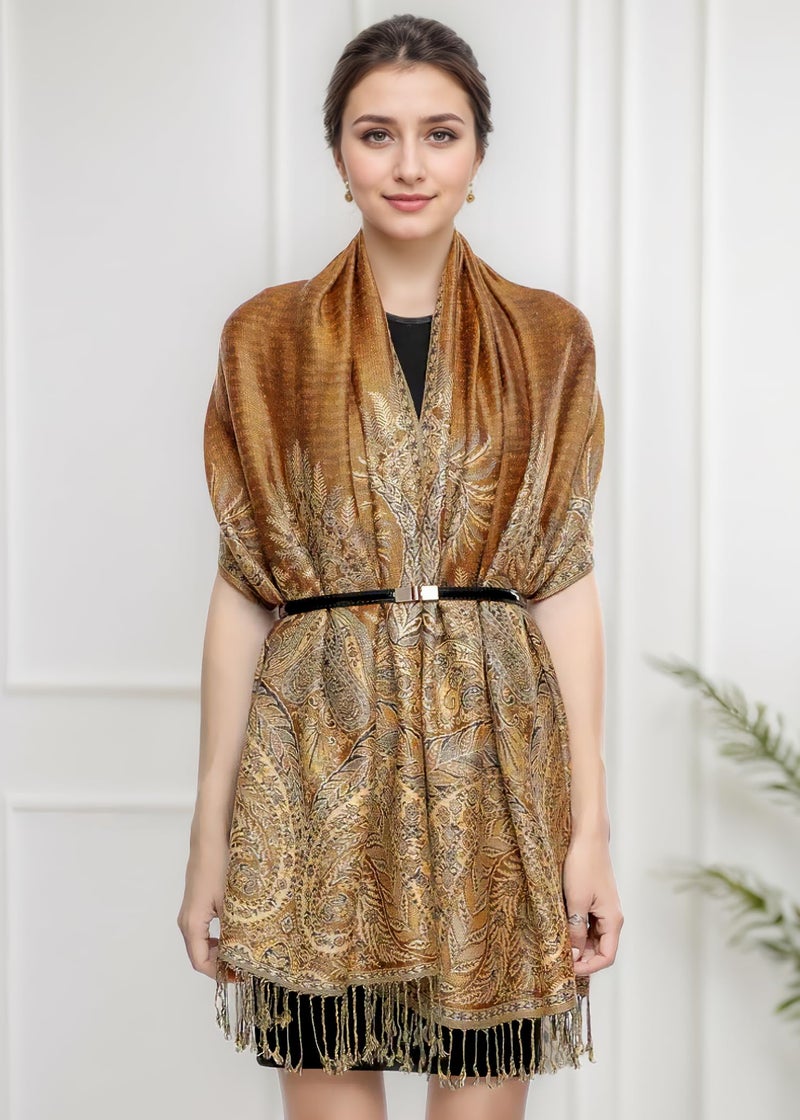 Achillea Soft Silky Reversible Paisley Pashmina Shawl Wrap Scarf w/Fringes (Big Paisley Golden Brown) - Image 3