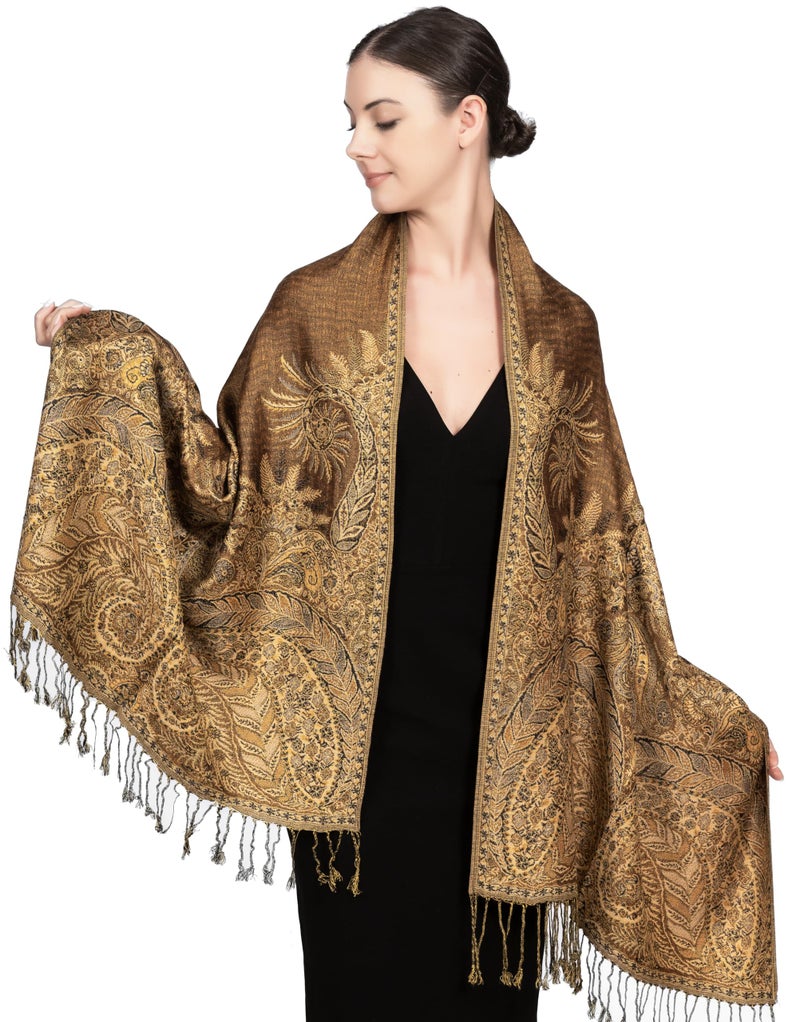 Achillea Soft Silky Reversible Paisley Pashmina Shawl Wrap Scarf w/Fringes (Big Paisley Golden Brown) - Image 5