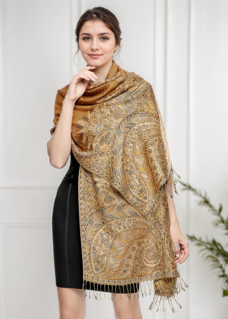 Achillea Soft Silky Reversible Paisley Pashmina Shawl Wrap Scarf w/Fringes (Big Paisley Golden Brown) - Image 2