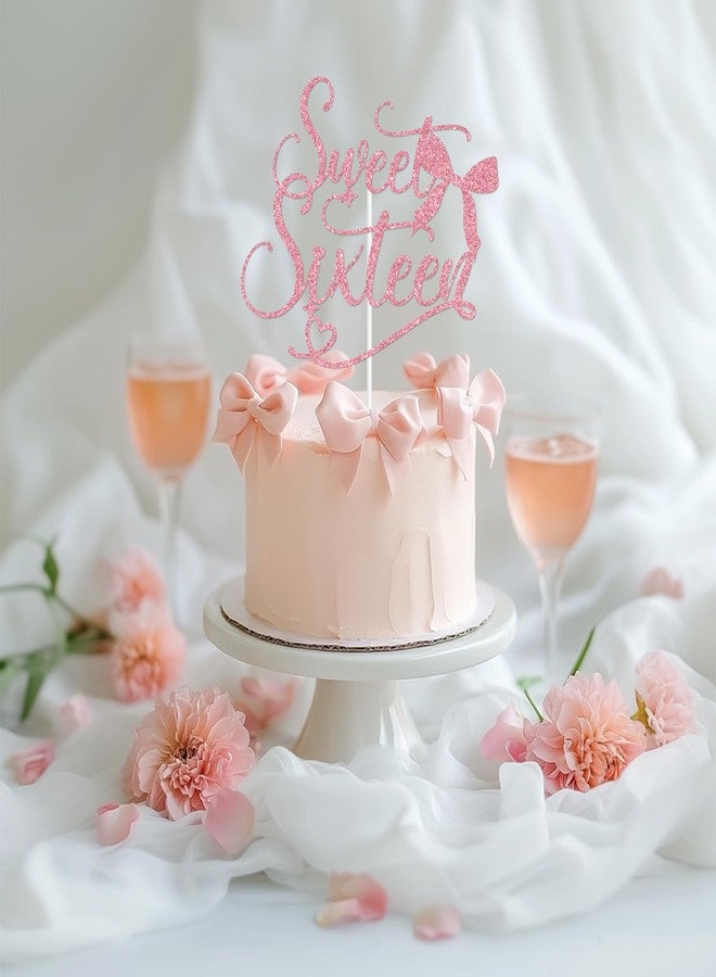 PYBHILK Pink Glitter Sweet Sixteen Cake Topper, Bowknot Happy Sweet 16/Cheers to 16 Years, Bow Ties Tying Themed 16th Birthday Party Decorations Supplies - Image 5
