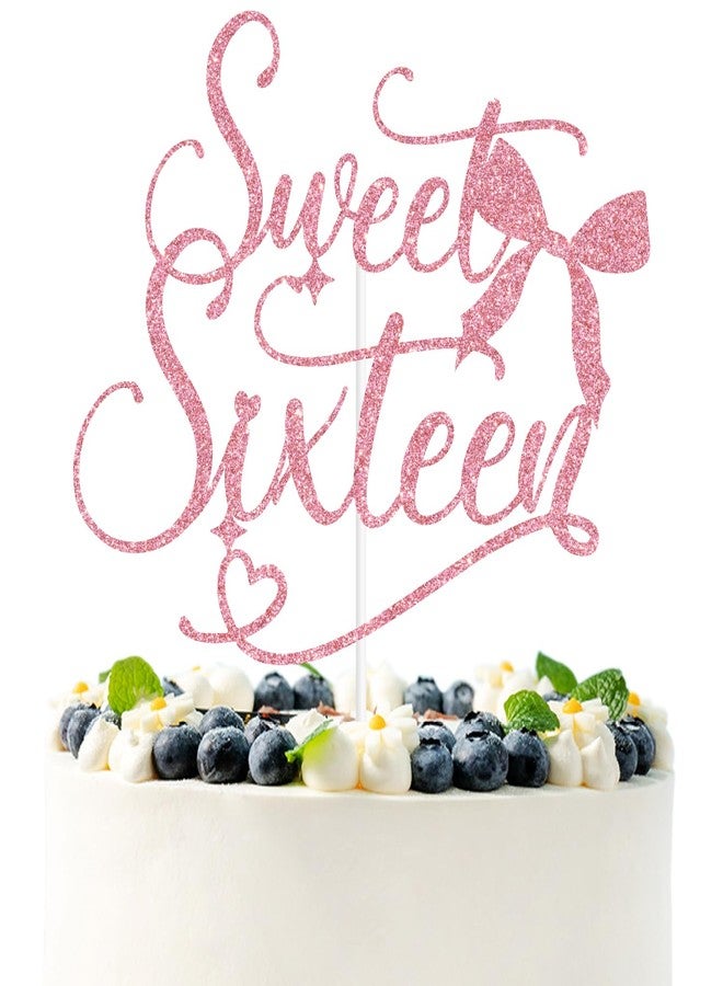 PYBHILK Pink Glitter Sweet Sixteen Cake Topper, Bowknot Happy Sweet 16/Cheers to 16 Years, Bow Ties Tying Themed 16th Birthday Party Decorations Supplies - Image 1