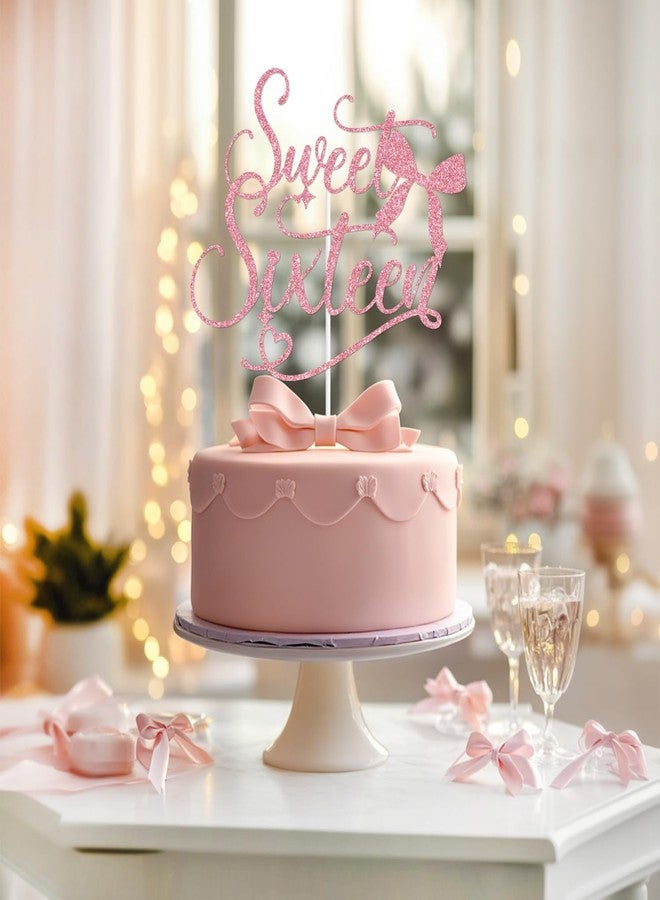 PYBHILK Pink Glitter Sweet Sixteen Cake Topper, Bowknot Happy Sweet 16/Cheers to 16 Years, Bow Ties Tying Themed 16th Birthday Party Decorations Supplies - Image 3