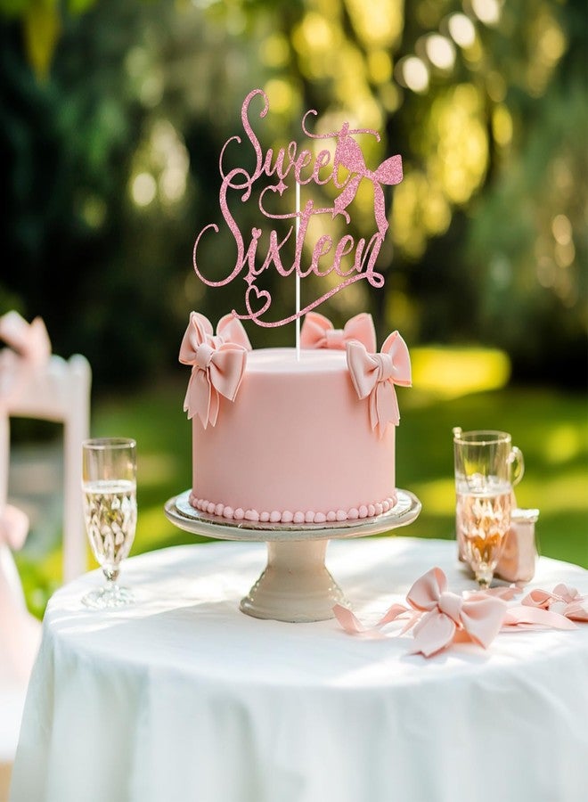 PYBHILK Pink Glitter Sweet Sixteen Cake Topper, Bowknot Happy Sweet 16/Cheers to 16 Years, Bow Ties Tying Themed 16th Birthday Party Decorations Supplies - Image 4