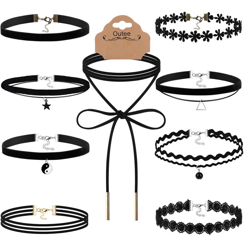 Outee 9 Pcs Choker Set Black Chokers Necklaces for Women Black Velvet Choker Necklaces Ribbon Chokers for Women - Image 1