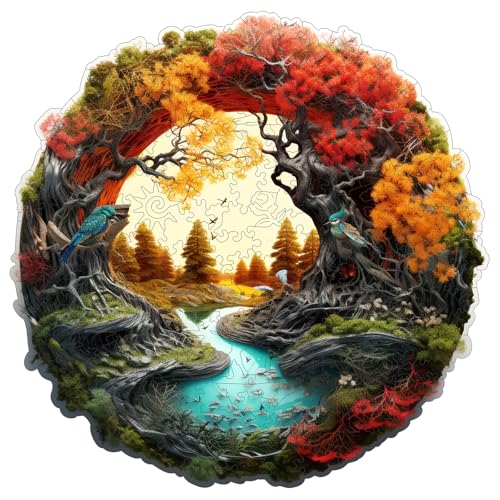 MEATRN Tree River 500 Pieces Wooden Puzzles for Adults Autumn Landscape Jigsaw Puzzle with Colorful Trees and Flowing River Family Night Fun 169x168 in - Image 1