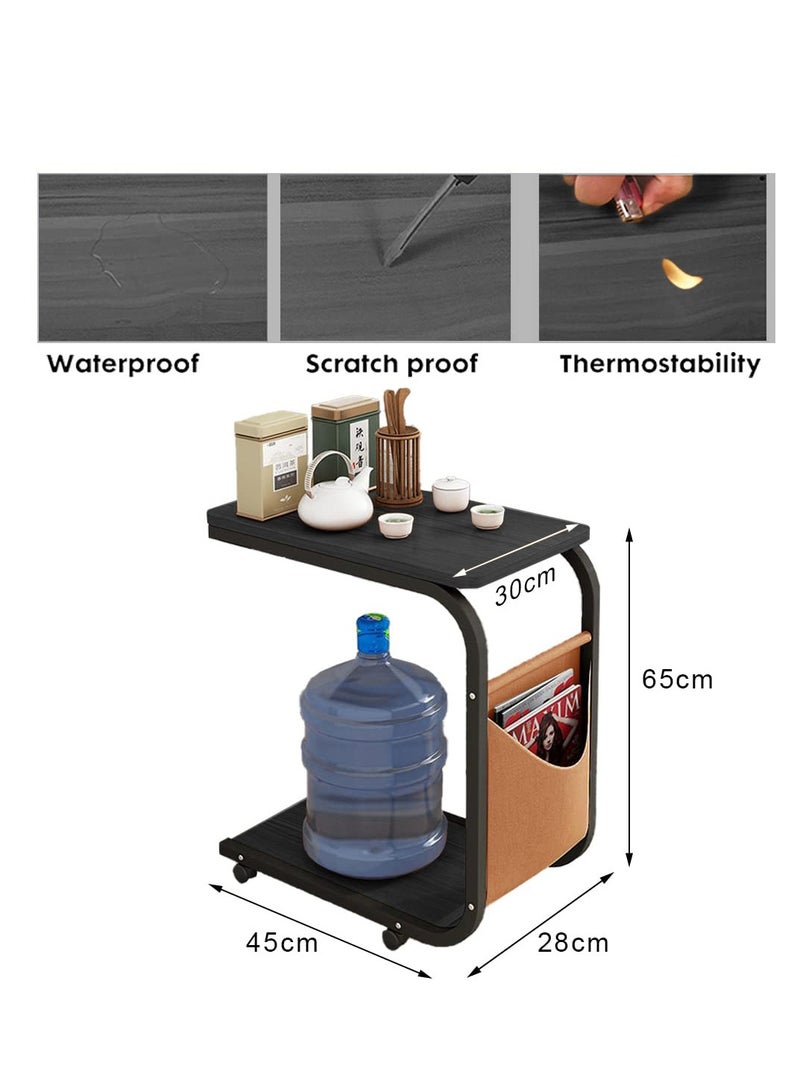 شو وو طاولة جانبية ضيقة للكمبيوتر المحمول على الطراز الحديث على شكل حرف C مع عجلات للوجبات الخفيفة وجيب جانبي لغرفة المعيشة وغرفة النوم وسرير أريكة - Image 3